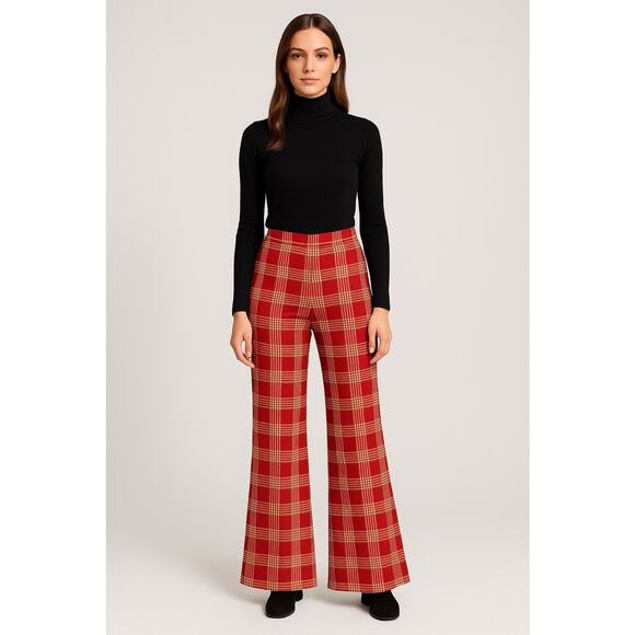 Vintage 70s Stockton Red Plaid High Rise Wide Leg Pants Poly Knit 28x29 M - Picture 2 of 6